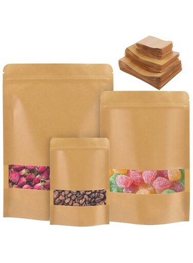 Rustark 50Pcs 18 x 26cm Stand Up Kraft Pouches with Clear Window Kraft Zipper Pouch Bags Sealable Food Bags Kraft Treat Bags for Storage Cookie Tea Nuts Coffee Candy Snack