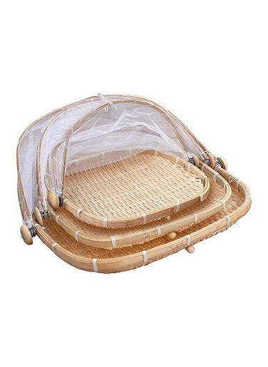 Set of 3 Bamboo Food Serving Trays with Food Mesh Cover
