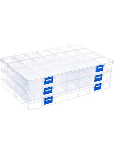 BENECREAT 3PCS 28 Grids Plastic Storage Box Jewellery Box Compartment Organizer Earring Storage Containers Clear Plastic Bead Case(11.2x7.9x1.2Inch)