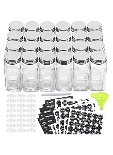 ALMEKAQUZ 24 Pcs Glass Spice Jars/Bottles with Spice Labels And And brush - 4oz Empty Square Spice Containers, Condiment Pot - Shaker Lids and Airtight Metal Caps
