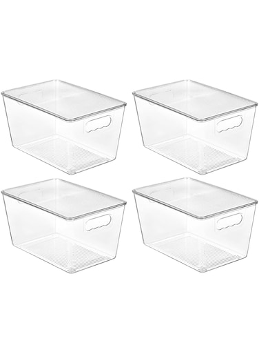 Vtopmart 4 Pack Clear Stackable Storage Bins with Lids, Plastic Organizer Boxes with Handle for Pantry, Perfect for Kitchen, Fridge, Cabinet, Closet, Bathroom Organization, Large