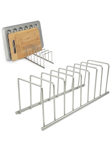 Spectrum Diversified EUro Kitchen Organizer For Plates, Cutting Boards, Bakeware Cooling Racks, Pots &amp; Pans, Serving Trays, REUsable Containers, And Lids, 13.5" X 4.5" X 4.25", Satin Nickel