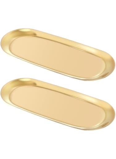 SWIUKPHE Stainless Steel Decorative Tray, Gold Decorative Tray, Stainless Steel Jewelry Tray Towel Vanity Tray Dish Plate Tray Tea Fruit Storage Trays Cosmetics Jewelry Organizer, Gold, Oval (2Pcs)