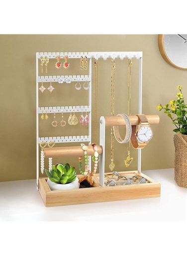 U-HOOME Earring Display Stand with 132 Holes, Earring Organizer Necklace Holder Ear Stand Holder Metal Storage Tray 10 Hooks Necklaces Hanging Storage Tree Display (white)