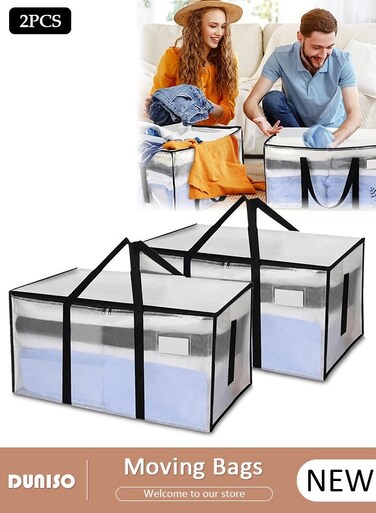 2 Pcs Extra Large Heavy Duty Moving Bags,Waterproof Transparent Storage Totes with Strong Handles, Thickened Woven PP Packing Bags for Clothes, Blanket, Relocation, Travel Organizer