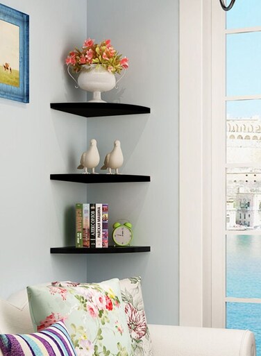 Floating Corner Wall Shelf 3Pcs Triangle Bookshelf Home Decor 3 Tier Display Organizer 40cm Black