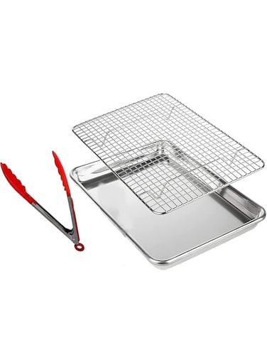 Pan Bakeware and Cooling Rack, Sheet Aluminum Baking Pan and Stainless Steel Rack Set with Nylon Food Tong as free (45x35x2.5 cm)