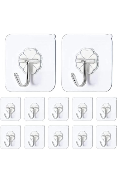 McMola Self Adhesive Hooks,12 PCS Heavy Duty Door Wall Adhesive Hooks for Kitchen, Bathroom, Office, Closet, Hanging Coat Cloth Towel Key Decorations