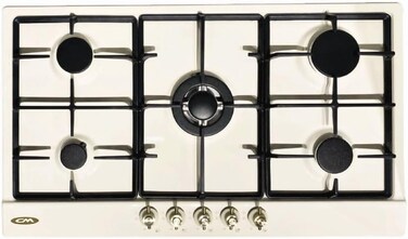موقد غاز كلاسيكي CM CLASSICO H90I مقاس 90 سم - سطح طهي بيج مع لوحة عاجية، 5 شعلات، حوامل أواني من الحديد الزهر، ونظام أمان ضد انطفاء اللهب