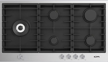 CM TWIN INOX 90 5B 90cm Stainless Steel Gas Hob &ndash; 5 Burner Cooktop with Cast Iron Pan Supports &amp; Safety Device