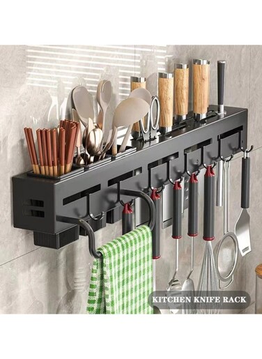 Kitchen Knife Rack, Glue Installation Spoon Knife Organizer, Stainless-Steel, Knife Holder, Heavy-Duty Wall Mounted Spoon Organizer, Kitchen Cutlery Organizer with towel rack and 8 hooks.