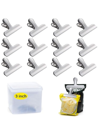 Ayvicco 12 Pack Heavy Duty Chip Bag Clips, 3 Inch Wide Stainless Steel Food Bag Clip, Perfect for Air Tight Seal Grips on Coffee, Food &amp; Bread Bags, Office Kitchen Home Usage (No Sharp Edges)