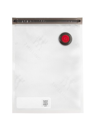 Zwilling Fresh &amp; Save 10pc M Vacuum Bag Set. Food shelf life tracking via QR code and app. Re-usable &amp; BPA-free. Perfect for sous-vide cooking. Microwave safe. Capacity: 4 l, size: 35 x 25 cms.