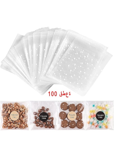 Self Adhesive Candy Bag 100 PCS Cellophane Cookie Bags Self-Adhesive Sealing White Polka Dot Clear OPP Plastic Party For Bakery, Candy, Soap