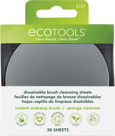 EcoTools Professional Makeup Brush Cleaner and Beauty Blender Dissolving Sheets with Textured Mat Plastic-Free Recyclable Packaging Cruelty Free, Vegan Travel Size, Add Water, 30 Sheet Count