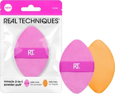 Real Techniques Miracle 2-In-1 Powder Puff Dual-Sided Makeup Blending Puff Reversible Elastic Band For Liquid Cream and Powder 1 Count