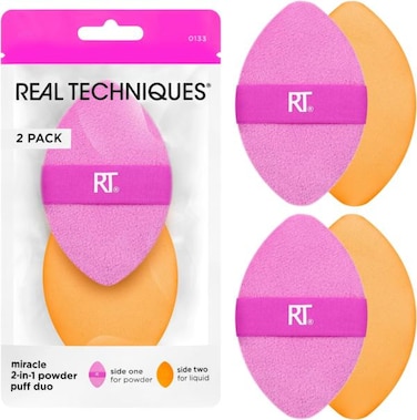 Real Techniques Miracle 2-In-1 Powder Puff Duo Dual-Sided Makeup Blending Puff, Reversible Elastic Band Powder Puff For Liquid, Cream and Powder 2 Count