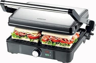 KENWOOD Grill 2000W Contact Health Grill Panini Press with Variable Temperature, 3 Grill Positions for Panini, Burger, Sandwich, Pizza, Steak, Chicken, Fish, Vegetables HGM31.000SI Black/Silver
