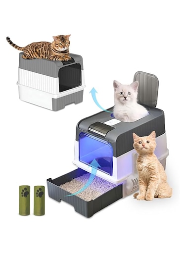 HopHop&reg; UV Cat Litter Box Large with Two Way Entry &amp; Exit, Spacious and Easy to Clean Cat Box for All Cat Sizes, Closed Large Cat Litter Box with Lid, 35x36x48 Cm 2 Trash Bag Rolls &amp; 1 Scoop (Large)