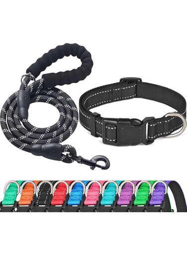 reflective dog collar padded with soft neoprene breathable adjustable nylon dog collars for small medium large dogs (collar+leash m neck 16&#39;&#39;-19&#39;&#39;, black)