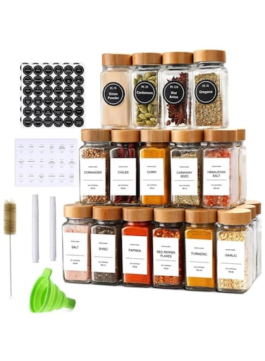 Strayelf 24 Pcs Glass Spice Jars with Labels - 120ml Glass Spice Jars with Bamboo Lids, 2 Pens, Labels Stickers, Shaker Lids, Seasoning Storage Bottles for Spice Rack, Cabinet, Drawer