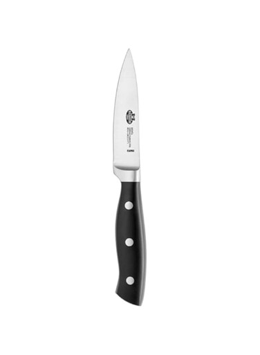 Ballarini Brenta Paring Knife, 9 cm. Satin finish German stainless steel with Forged bolster. Balanced &amp; Safe Full tang construction. 3-rivet synthetic resin handle.