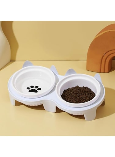 Uhuanyy Elevated Double Cat Bowl,Tall To Protect The Cervical Spine Anti-Spill Pet Bowls,2-In-1 Cat Water Bowl   Easy To Clean For Cats,Small Size Dogs (White)