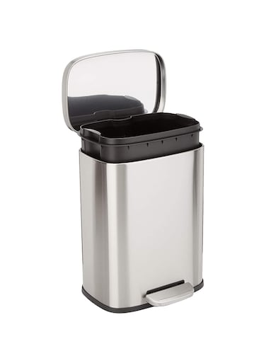 Amazon Basics Smudge Resistant Small Rectangular Trash Can With Soft-Close Foot Pedal, for Bathroom/ Living room, Brushed Stainless Steel,12 Liter/3.1 Gal, Satin Nickel Finish,11.3"L x 9.9"W x 15.1"H