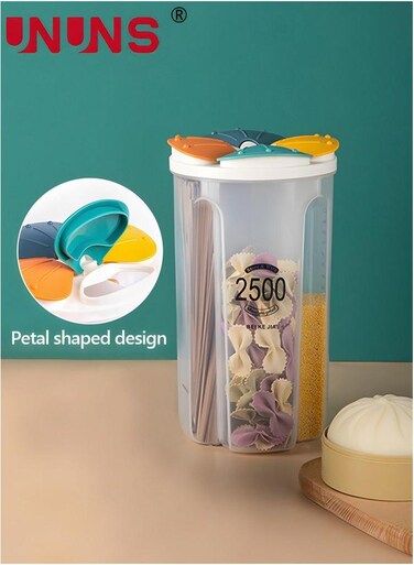 Grain Storage Container,4-Grid Airtight Cereal Container,2.5L Kitchen Food Container With Lids And Compartments For Grain, Sugar,Flour,Rice,Nuts,Snacks