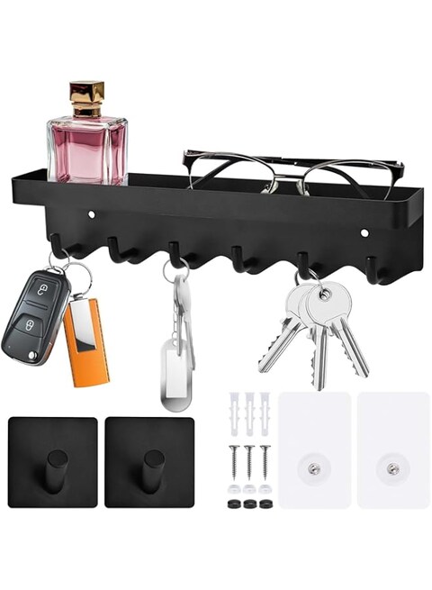KOWVOWZ Stainless Steel Wall Key Rack with 8 Hooks + 2 Extra Self Adhesive Hooks, Rustproof Key Holder for Entryway, Hallway, Kitchen, Bedroom (Black)