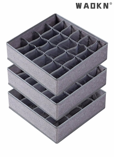3 Pack Sock Underwear Organizer Dividers, 64 Cell Drawer Organizers Fabric Foldable Cabinet Closet Organizers and Storage Boxes for Storing Socks, Underwear, Ties (16+24+24 Cell, Gray)