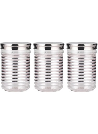 Royalford 1000 ML PET Container Set with Steel Cap- RF11712 Pack of 3, Storage Container with Silver Foil Print Transparent Container for Pulses and Spices For Kitchen Organization Leak-Proof Lid