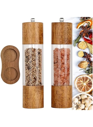 Arabest 2 Pack Pepper and Salt Grinder Set, Premium Acrylic &amp; Wooden Manual Salt and Pepper Mills with Visible Window, High-Capacity and Adjustable Coarseness