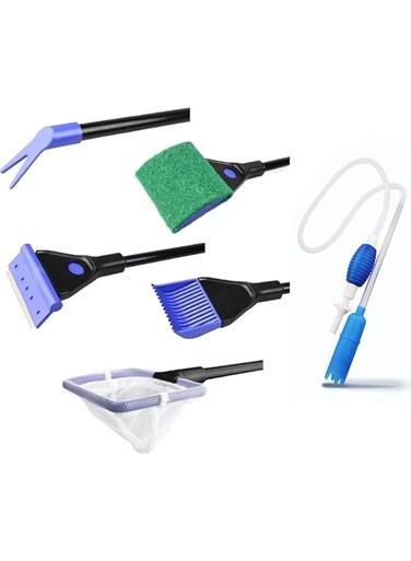 BRKT Aquarium Fish Tank Cleaning Kit, 5-in-1 Cleaning Set with Manual Siphon Pump, Sand Cleaner, Algae Scraper, and Drainage Tool (6pcs) (5 in 1 Clean Algae Scrapers+Siphon Vacuum)