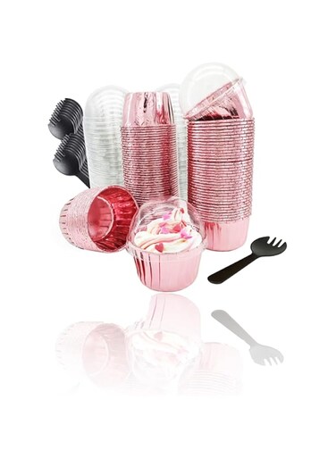 Sweet seven Rose Gold Cupcake Liners with Dome Lids - 3.5oz Mini Foil Baking Cups for Parties, Weddings, and Birthdays - Disposable Muffin Cups with Spoons - 100 Pack