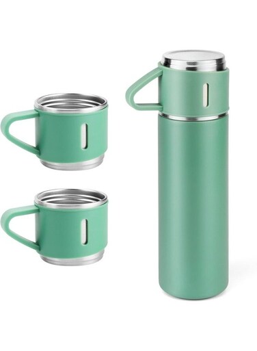 500ml Stainless Steel Coffee Thermo Vacuum Flask Set - Insulated Water Bottle with Three Cups for Hot &amp; Cold Drinks - Green - Travel Mug for Office, Home, Outdoors