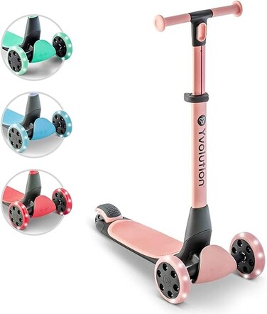 Yvolution Glider NUA 3-Wheel Scooter for Kids &ndash; Ages 3&ndash;10, Adjustable Handlebar, LED Wheels, Arc-Folding System &amp; Extra-Wide Deck