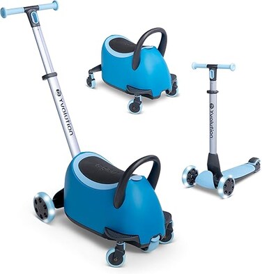 Yvolution LUNA 3-in-1 Scooter Blue &ndash; Toddler to Kid Ride-On &amp; Lean-to-Steer Scooter, Adjustable Handlebar, LED Wheels, StorAge Drawer (101265)