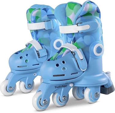 Yvolution Twista Skates Blue &ndash; 2-in-1 Learner to Inline Skates for Kids, Converts With Button, No Tools Needed, Adjustable Size 3&ndash;12J, Soft Curved Design (YC01B4)