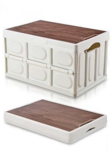 Foldable Storage Box,Collapsible Camping Box With Wooden Lid For Indoor Pool Toys Snacks, Portable Waterproof Storage Container For Outdoor Barbeque Picnic Fishing Car,Home Garage Organization