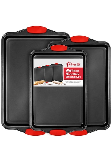JUFU Baking Pan Set, 3 Piece Cookie Sheet, Stick Carbon Steel, Silicone Handles