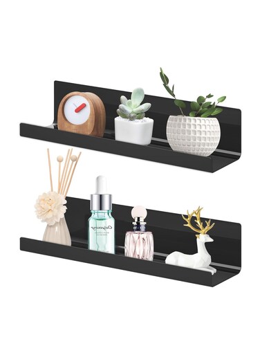 Wall Shelf, No Drilling, Floating Shelf, Black, Shower Shelf, Picture Rail, Small Shelf for Living Room, Bathroom, Children's Room, Kitchen, Spice Rack (Set of 2, 38 x 11 x 8 cm)