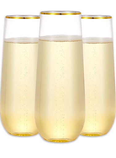 Plastic Champagne Flutes, 270 ml Stemless Disposable Gold Rim Glasses Shatterproof Reusable Perfect For Wedding &amp; Party Birthday Cup 10 Pack