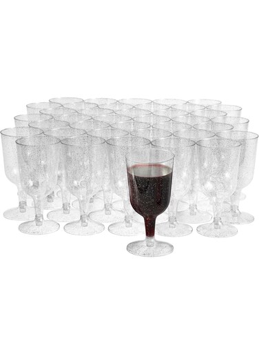 50 Elegant Clear Hard Plastic Wine Glasses with Silver Glitter (6 oz) - Sturdy &amp; Reusable Glasses for Cocktails, Dessert - Birthdays, Weddings, Christmas, BBQ, Picnic, Parties