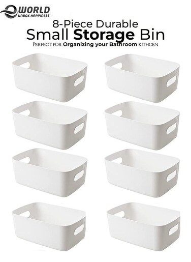 Set of 8 Plastic Storage Bins Multiuse Desk Cabinet Organizer with Built in Handle