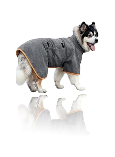Sweet seven Dog Drying Coat - Microfiber Towel Robe for Fast Pet Bathrobe, Adjustable Collar and belly Strap, Super Absorbent Dog Bag (Grey, Medium)