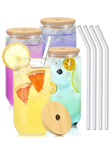 of 4 Can-Shaped Glass Cups with Bamboo Lids &amp; Straws - 500ml Transparent Drinkware for Water, Juice &amp; Mixed Drinks - Perfect for Any Occasion