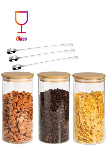 Set of 3- 1200 ML Borosilicate Glass Food Storage Jars With Bamboo Lid and Steel Spoon,for Candy Cookie Rice Sugar Flour Pasta Nut