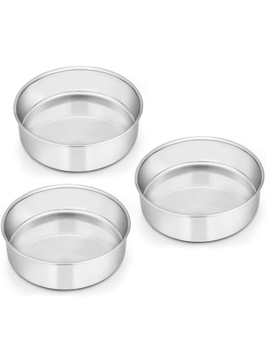 E-far 6 Inch Cake Pan Set of 3, Stainless Steel Round Smash Cake Baking Pans Tins, Non-Toxic &amp; Healthy, Mirror Finish &amp; Dishwasher Safe