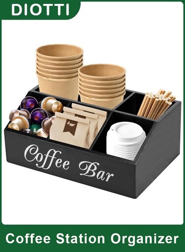 Rustic Wooden Coffee Station Organizer with 5 Compartments for Coffee Bar Accessories, Coffee Pods, Countertop Storage